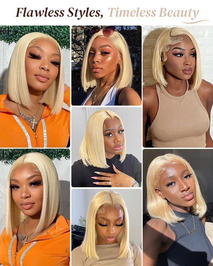 Arabella 6x5 Invisible Knots Glueless &amp; 13x4 Frontal Lace Straight Bob Wig Pre-cut Lace 613 Blonde Beginner Friendly