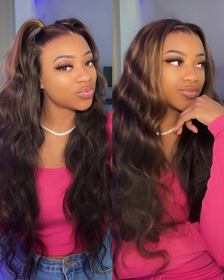 Arabella 6x5 invisible knots Glueless Auburn Highlights on Black Hair Body Wave Wig Invisible Knots Realistic Hairline