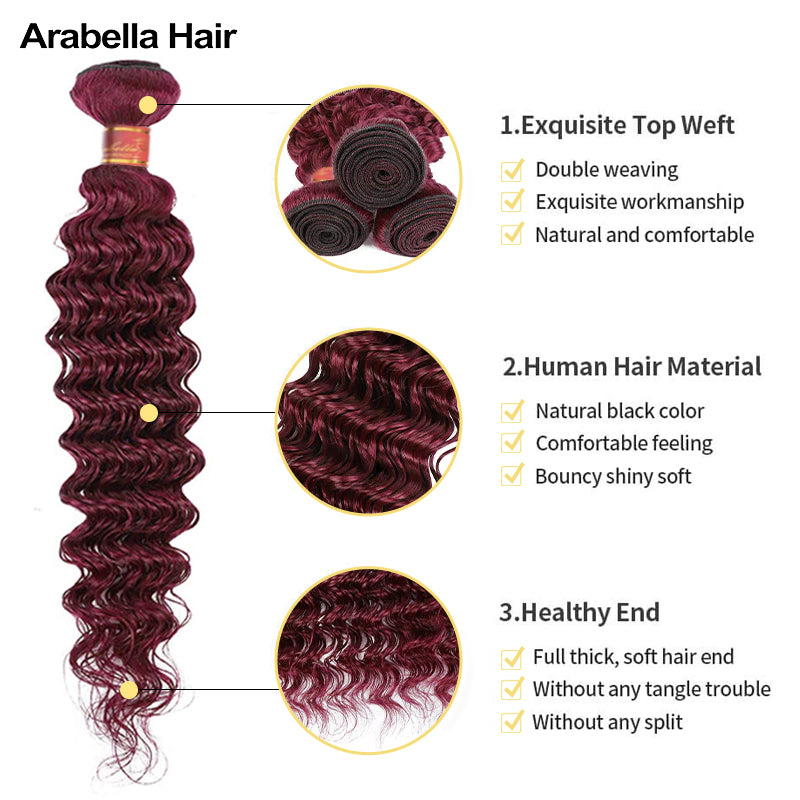 {12A 3Pcs+Closure} Deep Wave 99J Burgundy Red Color Curly 3 Bundles With 4x4 Lace Closure