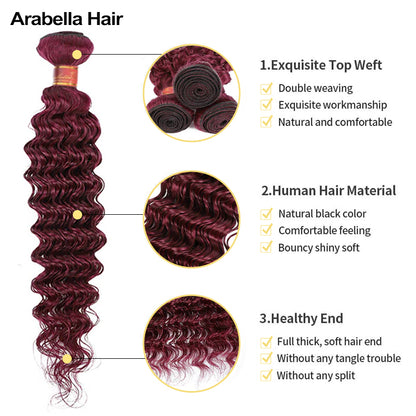 {12A 3Pcs} Burgundy 99J Red Color Deep Wave Curly 3 Bundles/Pack Human Virgin Hair Extensions