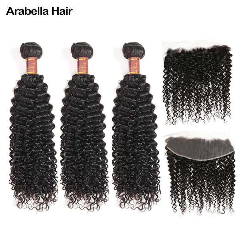 Human hair wig {12A 3Pcs+Frontal} Brazilian Jerry Curly 3 Bundles Hair Weft With Frontal Closure Unprocessed Virgin Hair Weave - arabellahair.com