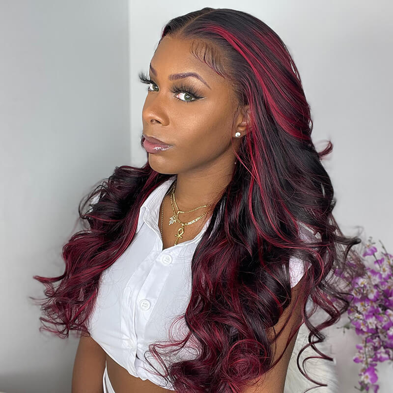 13x4 Lace Dark Burgundy With Rose Red Highlights Body Wave HD Lace Color Wigs Free Part