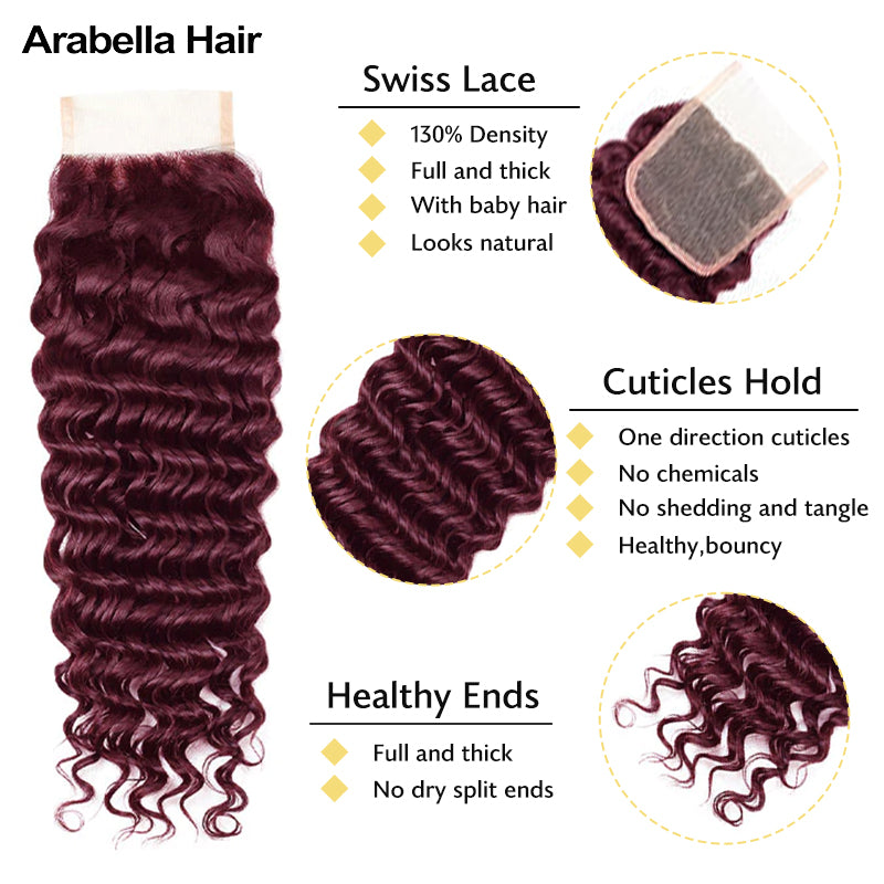 {12A 3Pcs+Closure} Deep Wave 99J Burgundy Red Color Curly 3 Bundles With 4x4 Lace Closure