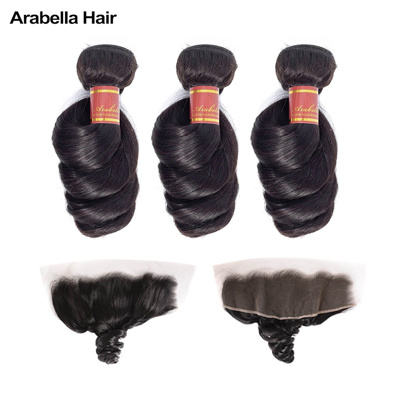 Human hair wig {12A 3Pcs+Frontal} Loose Wave 3 Bundles Hair With Lace Frontal Closure Human Virgin Hair Extensions - arabellahair.com