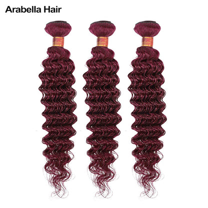 {12A 3Pcs+Closure} Deep Wave 99J Burgundy Red Color Curly 3 Bundles With 4x4 Lace Closure