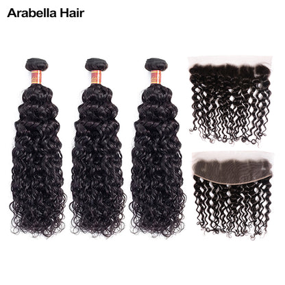 Human hair wig {12A 3Pcs+Frontal} Brazilian Water Wave 3 Bundles Hair Weft With Frontal Closure Unprocessed Virgin Hair Weave - arabellahair.com