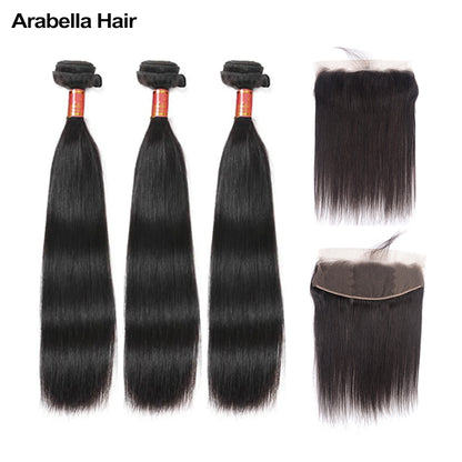 Human hair wig {12A 3Pcs+Frontal} Straight 3 Bundles Hair Weft With Transparent Lace Frontal Closure Human Hair - arabellahair.com