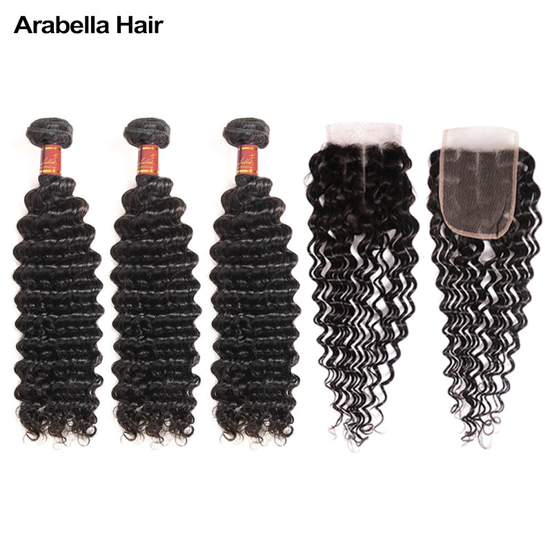 Human hair wig {12A 3Pcs+Closure} Deep Wave 3 Bundles Hair With 4x4 Lace Closure Human Hair - arabellahair.com