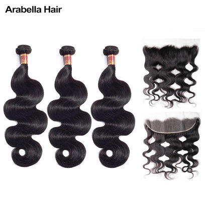 Human hair wig {12A 3Pcs+Frontal} Loose Wave 3 Bundles Hair With Lace Frontal Closure Human Virgin Hair Extensions - arabellahair.com