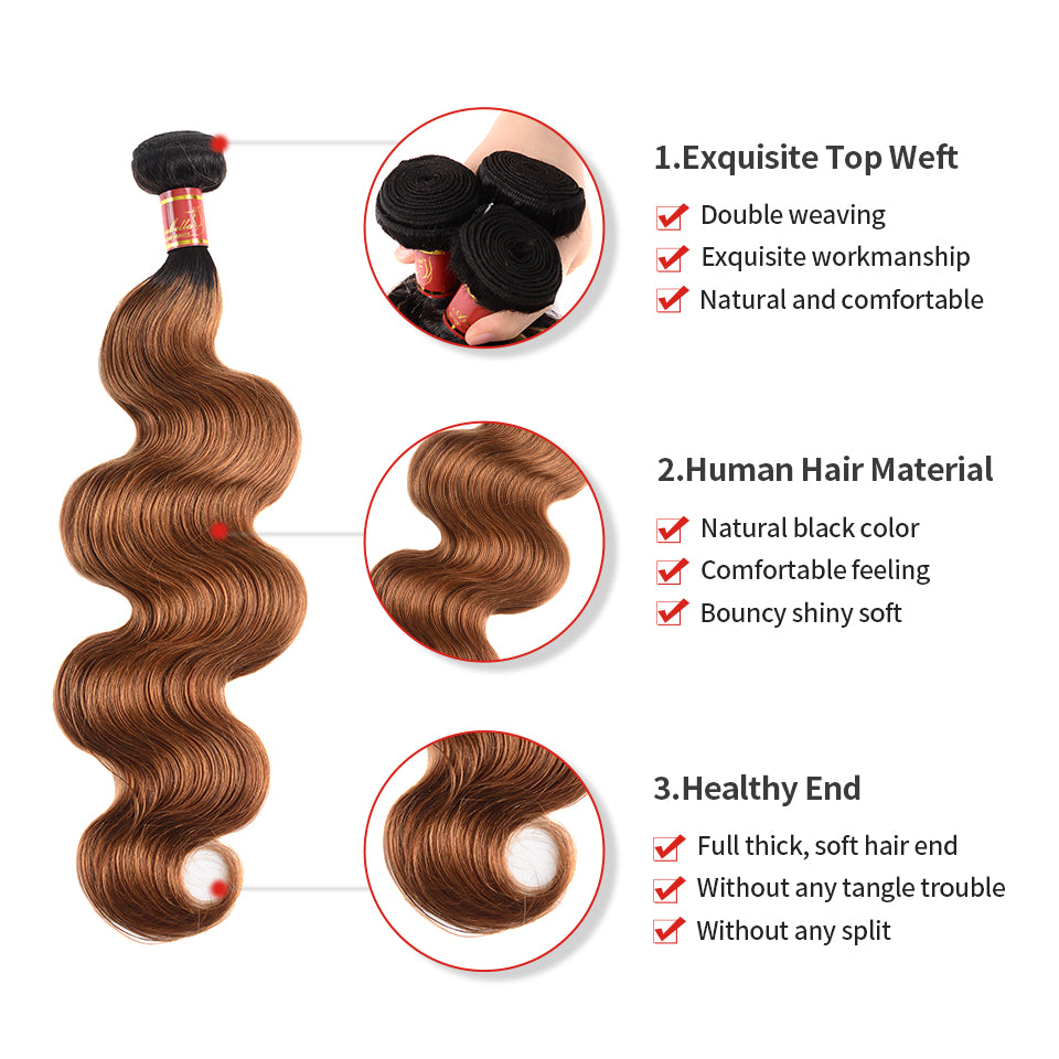 T1B/30 3 Bundles Body Wave Human Hair Weaves With 13*4 Lace Frontal Closure - arabellahair.com