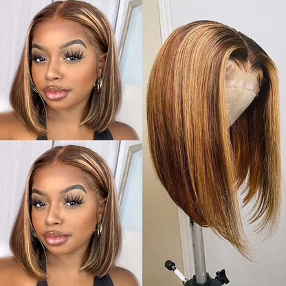 Minimalist Short Bob: Honey Blonde Highlights 13x4 Lace Front Straight Human Hair Wig