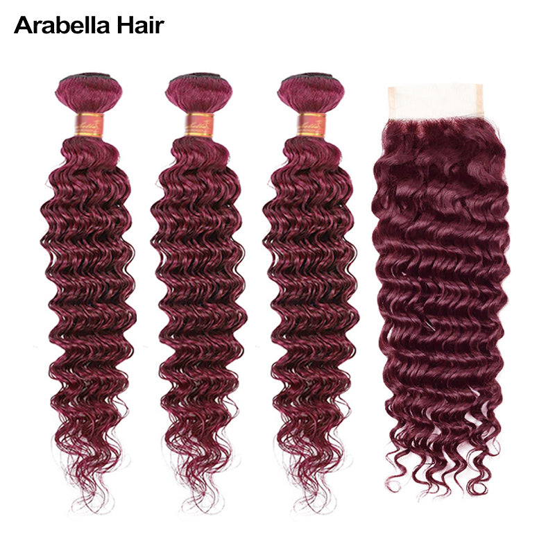 {12A 3Pcs+Closure} Deep Wave 99J Burgundy Red Color Curly 3 Bundles With 4x4 Lace Closure