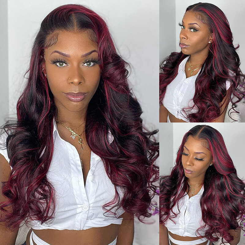 [Flash Sale] 13x4 Lace Dark Burgundy With Rose Red Highlights Body Wave/Straight Hair Lace Free Part Color Wigs