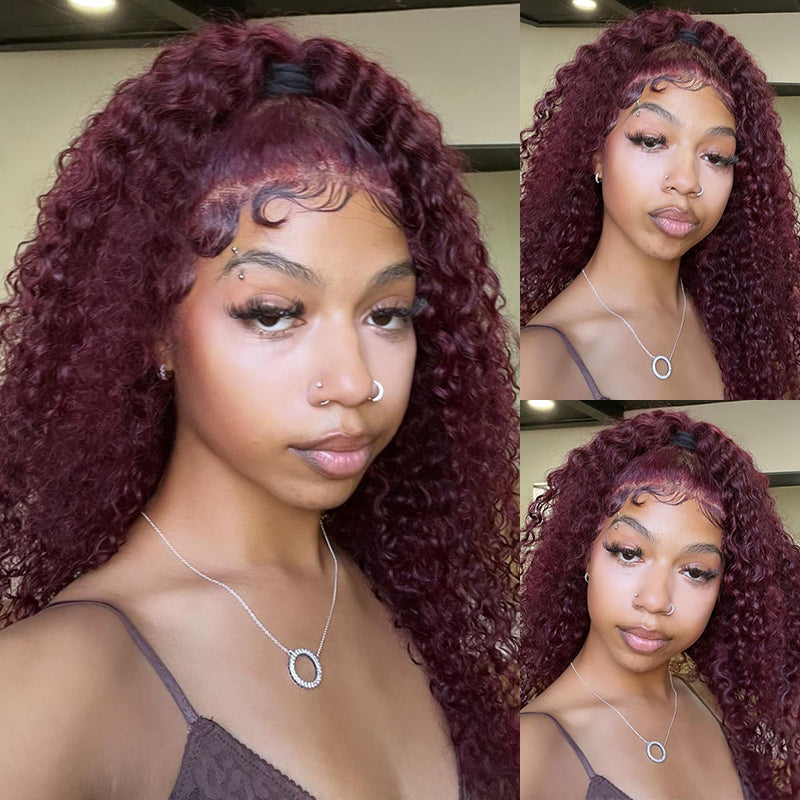 Burgundy Red Auburn Colored Jerry Curly 13x4 Lace Front Human Hair Wigs