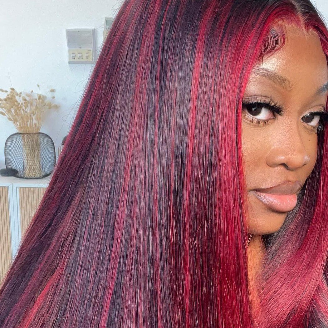 000 13x4 Lace Dark Burgundy With Rose Red Highlights Straight HD Lace Color Human Hair Wigs