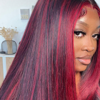 000 13x4 Lace Dark Burgundy With Rose Red Highlights Straight HD Lace Color Human Hair Wigs