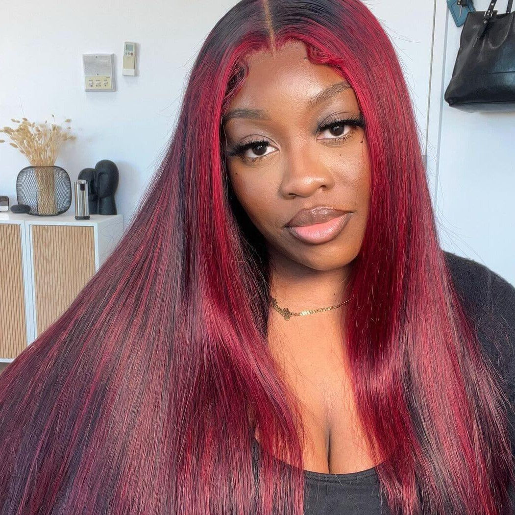 000 13x4 Lace Dark Burgundy With Rose Red Highlights Straight HD Lace Color Human Hair Wigs
