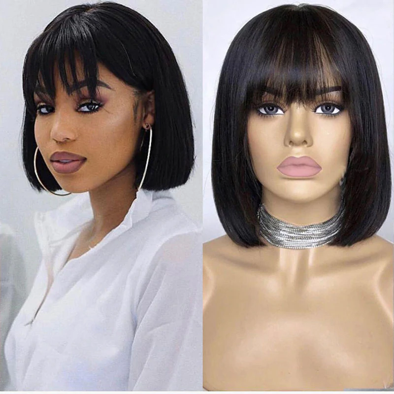 Straight Short Non-Lace Human Hair Bob Wigs with Bangs 180% Density Bob Wigs - arabellahair.com