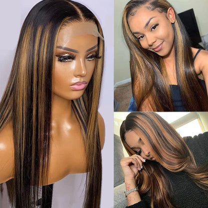 000 Brown Highlights Straight Hair Pre-Plucked 13x4 Lace Front Wig