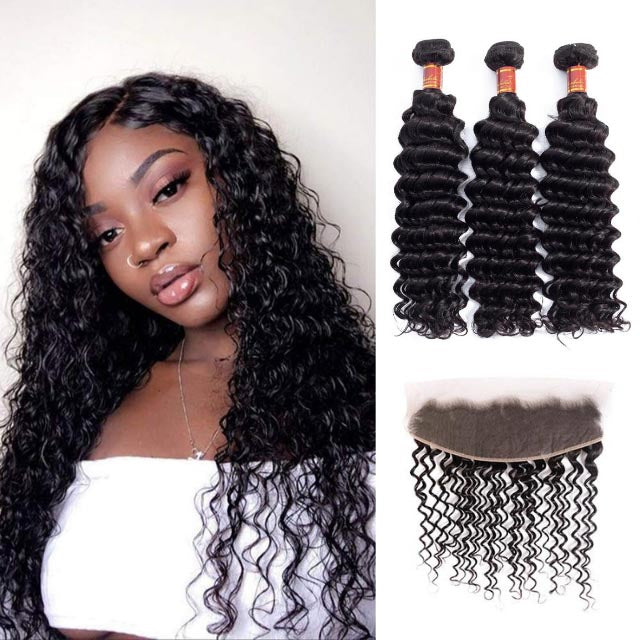 Brazilian Deep Wave 3 Bundles Hair Weft With Frontal Closure - arabellahair.com