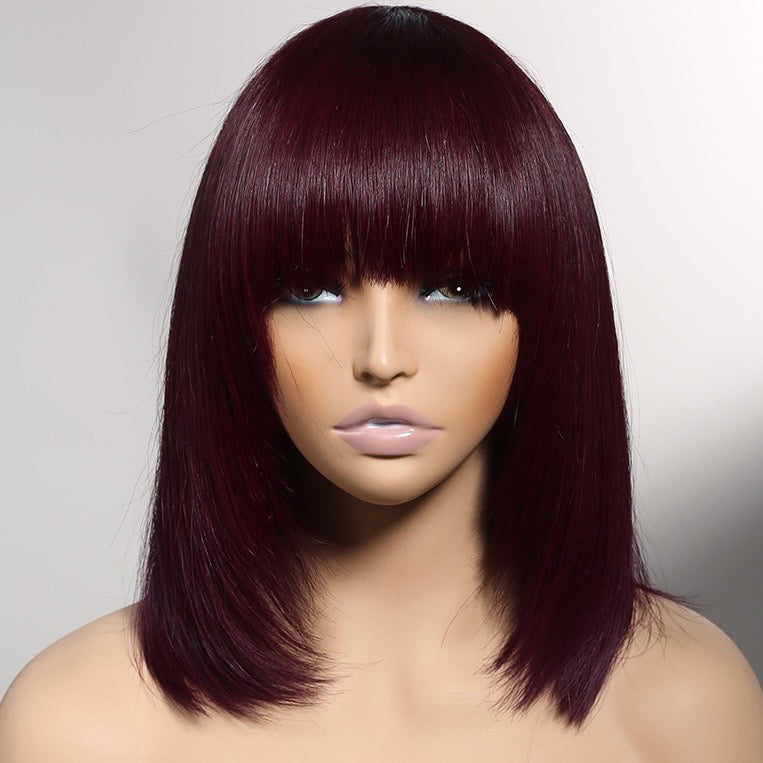 Last Sale: Minimalist Short Bob - Reddish Purple Burgundy Layered Straight with Bangs