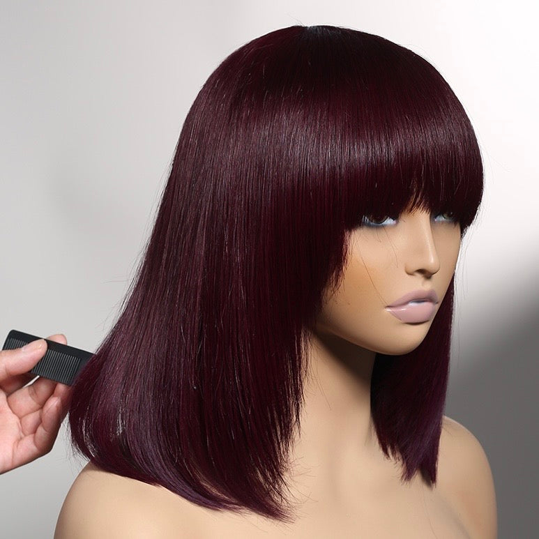 Last Sale: Minimalist Short Bob - Reddish Purple Burgundy Layered Straight with Bangs