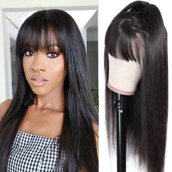 Straight With Bangs Wig Non-Lace Machine Made Natural Black Protective Style Human Hair Wigs