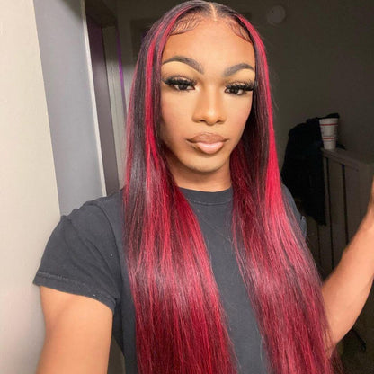 000 13x4 Lace Dark Burgundy With Rose Red Highlights Straight HD Lace Color Human Hair Wigs