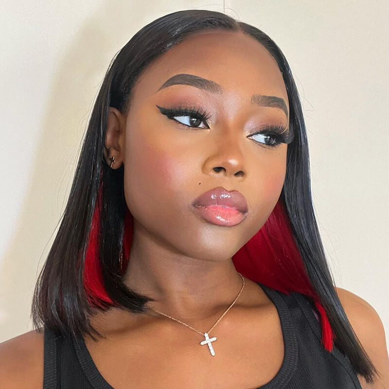 14&quot; = $111 | Arabella 13x4 Frontal Lace Peekaboo Highlights Red Straight Bob Wig Invisible Knots Realistic Hairline