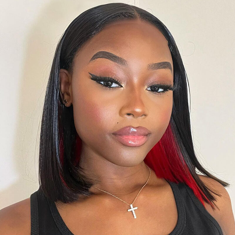 14&quot; = $111 | Arabella 13x4 Frontal Lace Peekaboo Highlights Red Straight Bob Wig Invisible Knots Realistic Hairline