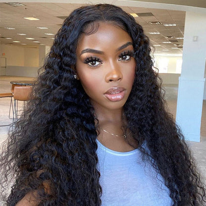 New Deep Curly Transparent Lace Frontal 13*4 Lace Wig Glueless Wig 16-30 Inch 180% Density Natual Black Free Part - arabellahair.com