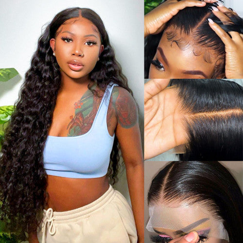 16&quot;=$117 | Arabella 13x6 Frontal Lace Deep Wave Wig Invisible Knots Natural Black Realistic Hairline
