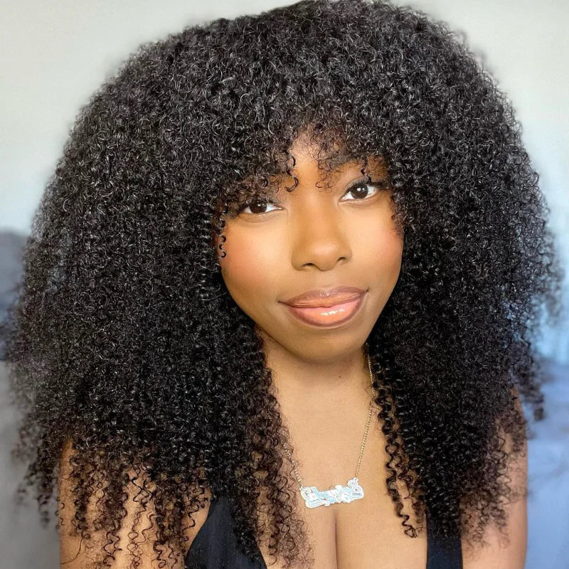 [Clearance Sale]Afro Kinky Curly Wig With Bangs Natural Black Full Machine Made Wigs Remy Hair